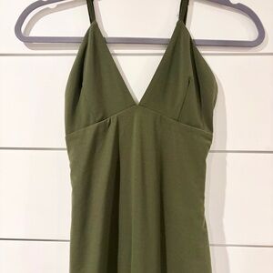 Elegant Olive Green Maxi Dress Plunging V-Neck Minimalist Date Night Timeless S